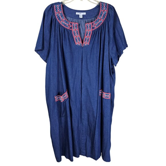 Go Softly Dark Chambray Embroidered Patio Dress 3X Zip Closure Cottagecore - Picture 1 of 9